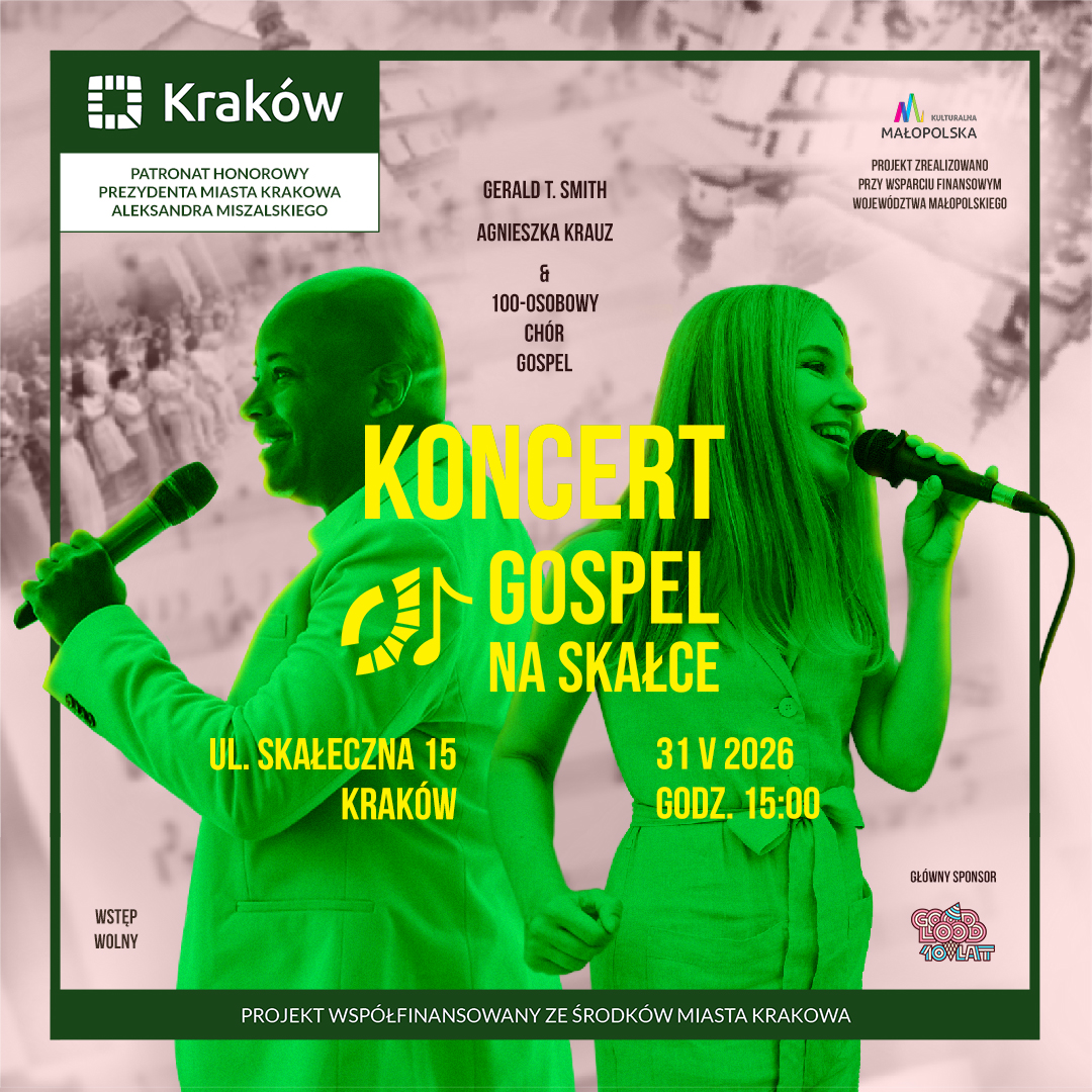 Baner gospel na Skałce. Prowadzący instruktorzy śpiewający do mikrofonu